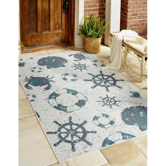 Unique Loom Outdoor Coastal Collection Area Rug - Marmaris (7' 10" x 10' Rectangle Ivory/Navy Blue)