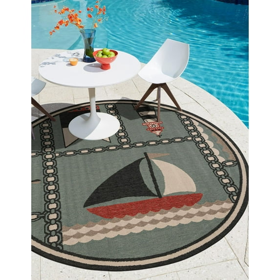 Unique Loom Outdoor Coastal Collection Area Rug - Nautiscape (3' 1" Round Blue/Red)