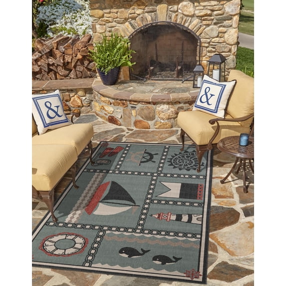 Unique Loom Outdoor Coastal Collection Area Rug - Nautiscape (4' 1" x 6' 1" Rectangle Blue/Red)