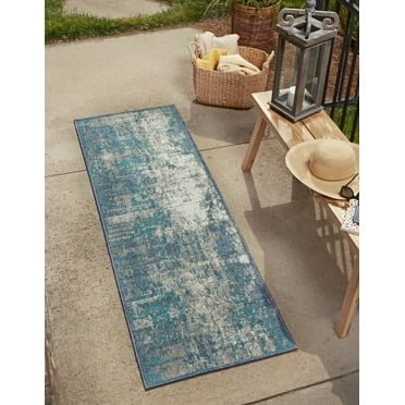 Unique Loom Outdoor Coastal Collection Area Rug - Okyanus (2' x 8' Runner Blue/Ivory)