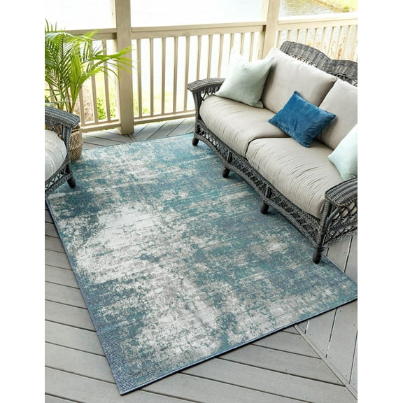 Unique Loom Outdoor Coastal Collection Area Rug - Okyanus (7' 10" x 10' Rectangle Blue/Ivory)