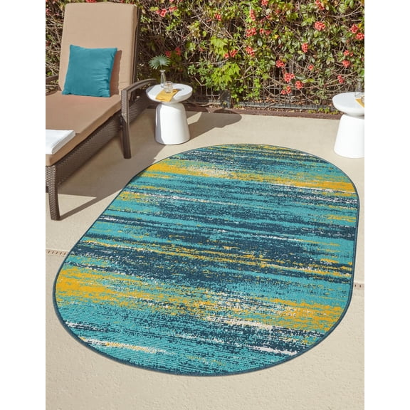 Unique Loom Outdoor Coastal Collection Area Rug - Ombre (4' 1" x 6' 1" Oval Multi.Blue/Yellow)