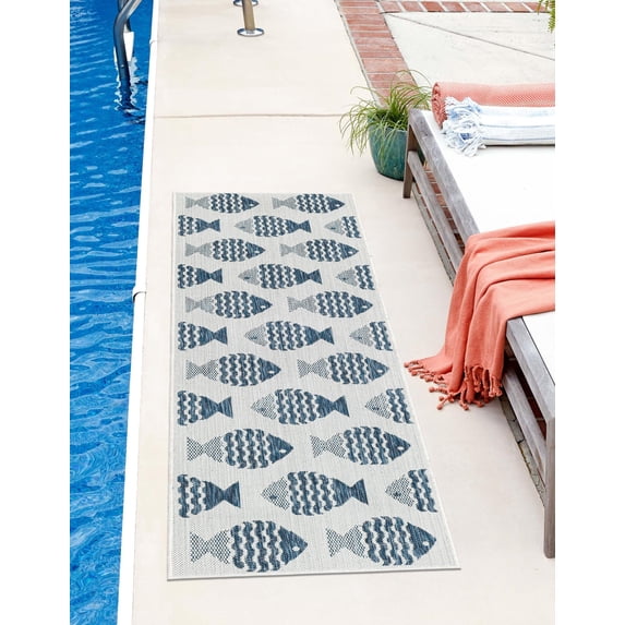 Unique Loom Outdoor Coastal Collection Area Rug - Pesci (2' x 5' 3" Runner Navy Blue/Ivory)