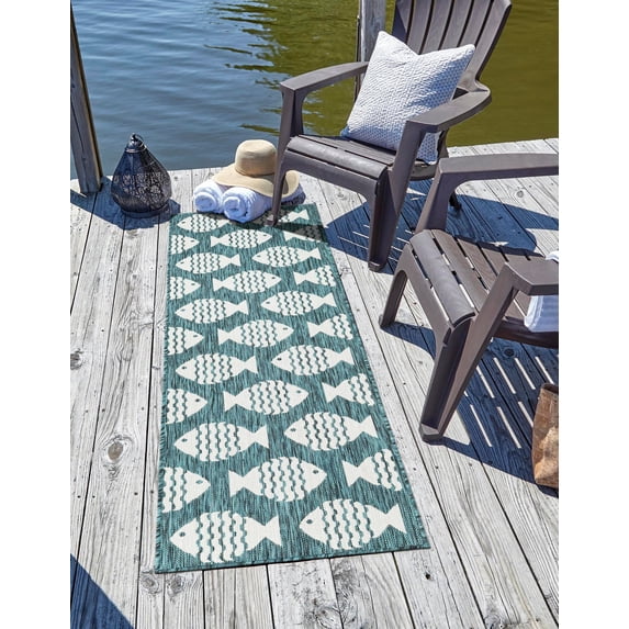 Unique Loom Outdoor Coastal Collection Area Rug - Pesci (2' x 8' Runner Turquoise/Ivory)
