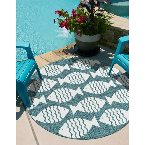 Unique Loom Outdoor Coastal Collection Area Rug - Pesci (3' 3" Round Turquoise/Ivory)