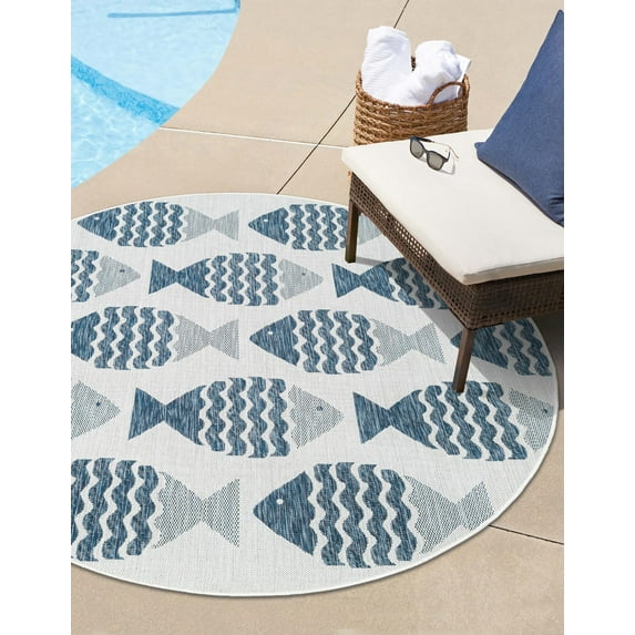 Unique Loom Outdoor Coastal Collection Area Rug - Pesci (4' 1" Round Navy Blue/Ivory)