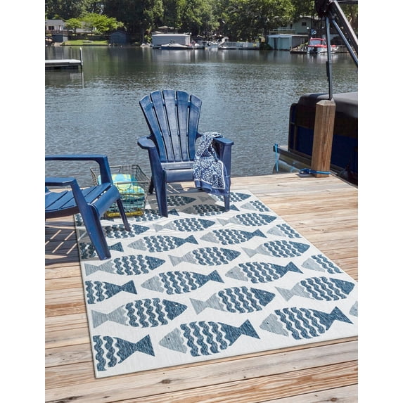 Unique Loom Outdoor Coastal Collection Area Rug - Pesci (4' 1" x 6' 1" Rectangle Navy Blue/Ivory)