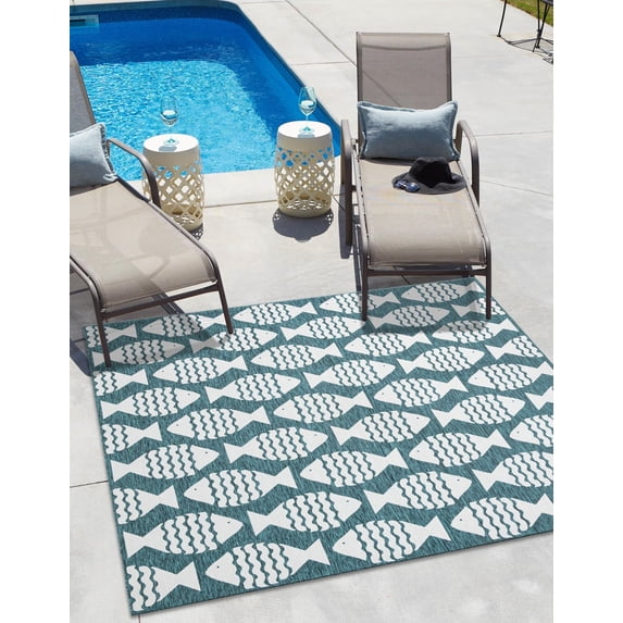 Unique Loom Outdoor Coastal Collection Area Rug - Pesci (7' 10" Square Turquoise/Ivory)