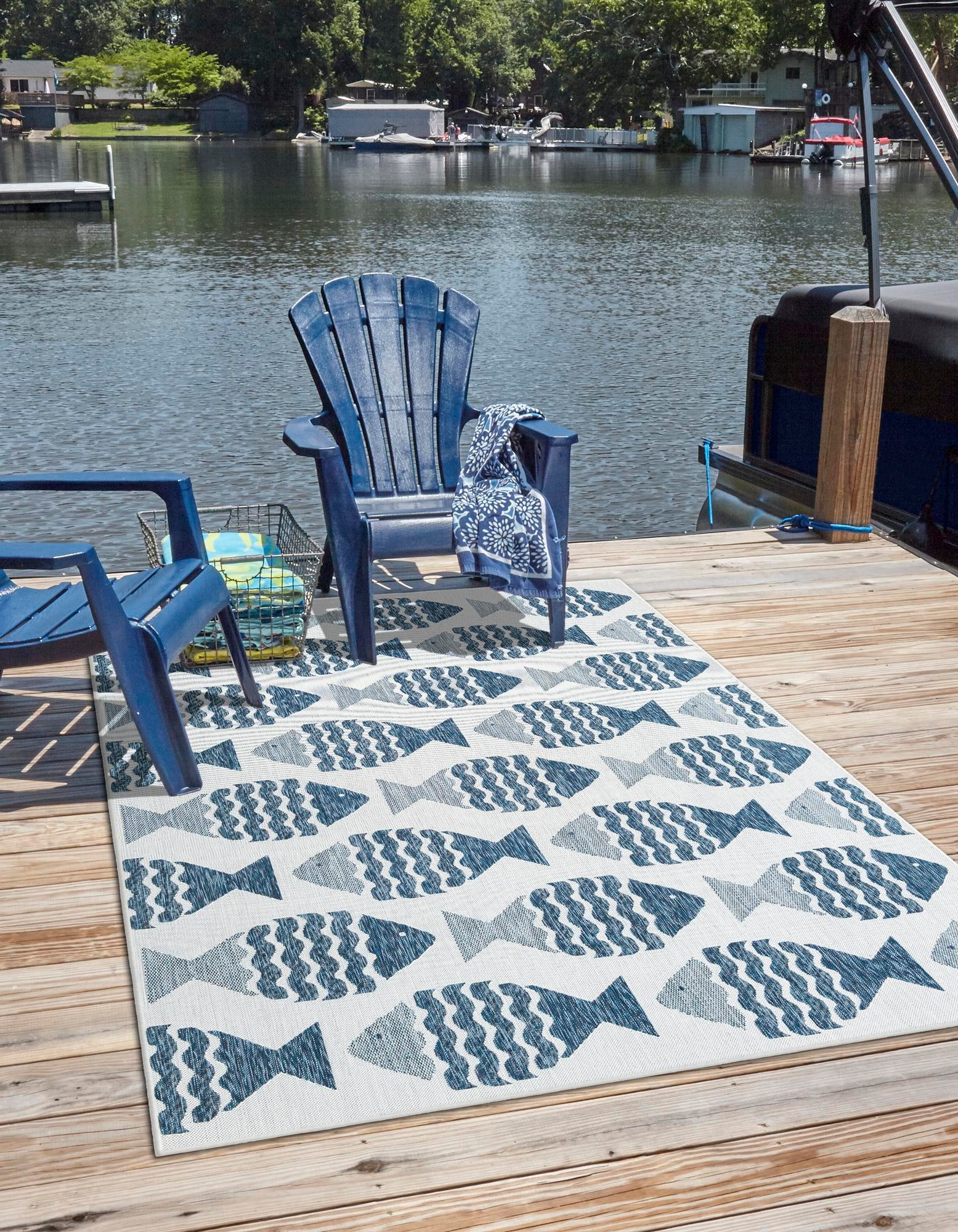 Navy Blue and Ivory Synthetic Rectangular Outdoor Rug 8' x 10'