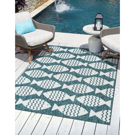 Unique Loom Outdoor Coastal Collection Area Rug - Pesci (9' x 12' Rectangle Turquoise/Ivory)