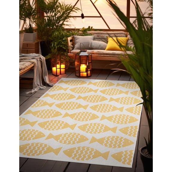Unique Loom Outdoor Coastal Collection Area Rug - Pesci (9' x 12' Rectangle Yellow/Ivory)