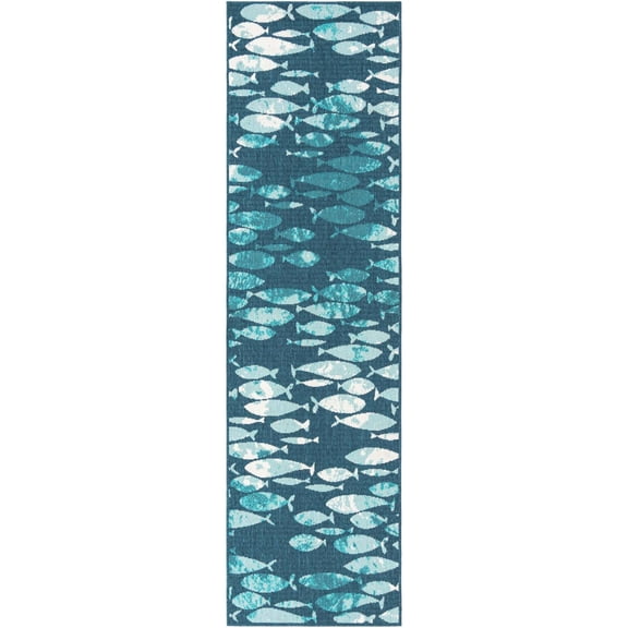Unique Loom Outdoor Coastal Collection Area Rug - Plenty of Fish (2' 7" x 10' Runner Blue/Teal)