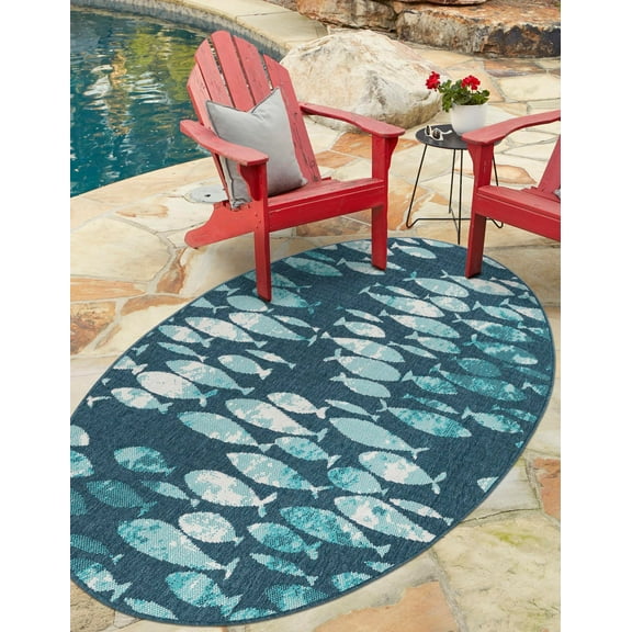 Unique Loom Outdoor Coastal Collection Area Rug - Plenty of Fish (2' x 3' 1" Oval Blue/Teal)