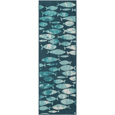 Unique Loom Outdoor Coastal Collection Area Rug - Plenty of Fish (2'  x 6' 1" Runner Blue/Teal)