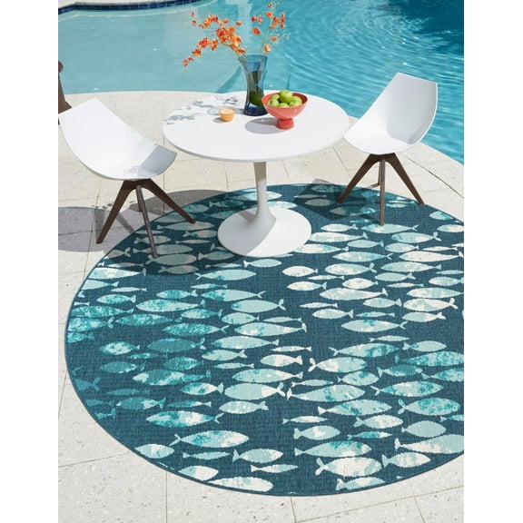 Unique Loom Outdoor Coastal Collection Area Rug - Plenty of Fish (4' 1" Round Blue/Teal)