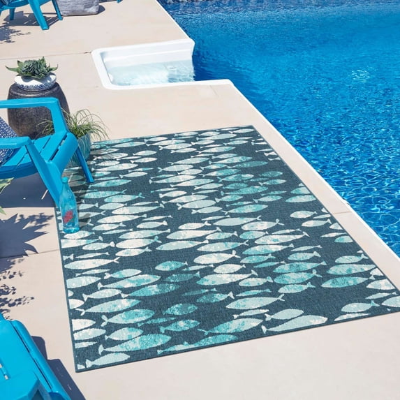 Unique Loom Outdoor Coastal Collection Area Rug - Plenty of Fish (4' 1" x 6' 1" Rectangle Blue/Teal)