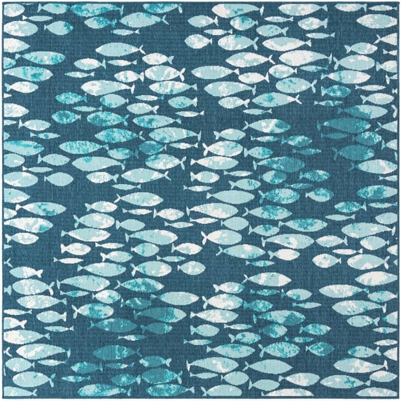 Unique Loom Outdoor Coastal Collection Area Rug - Plenty of Fish (7' 10" Square Blue/Teal)