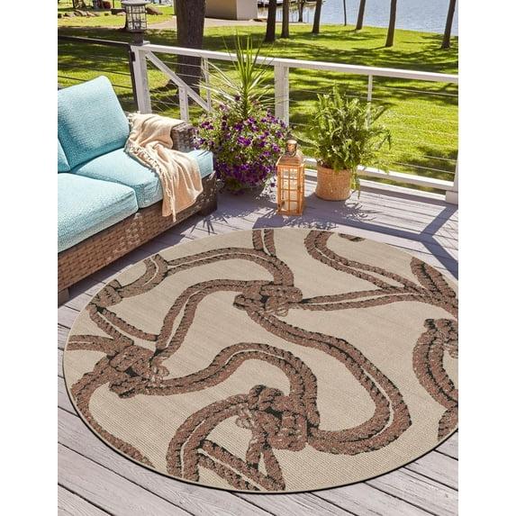 Unique Loom Outdoor Coastal Collection Area Rug - Seaknot (5' 1" Round Beige/Blue)