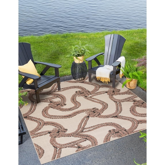 Unique Loom Outdoor Coastal Collection Area Rug - Seaknot (7' 10" Square Beige/Blue)