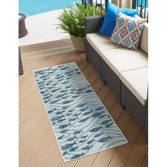 Unique Loom Outdoor Coastal Collection Area Rug - Shoal (2' x 8' Runner Blue/Navy Blue)