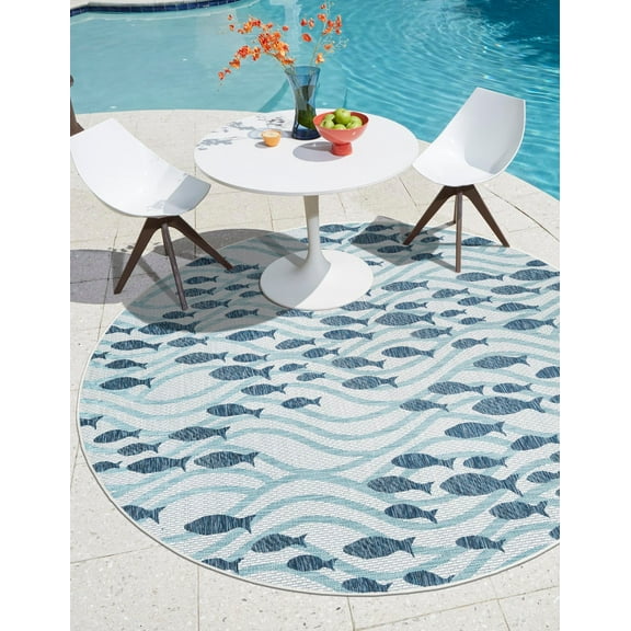 Unique Loom Outdoor Coastal Collection Area Rug - Shoal (4' 1" Round Blue/Navy Blue)