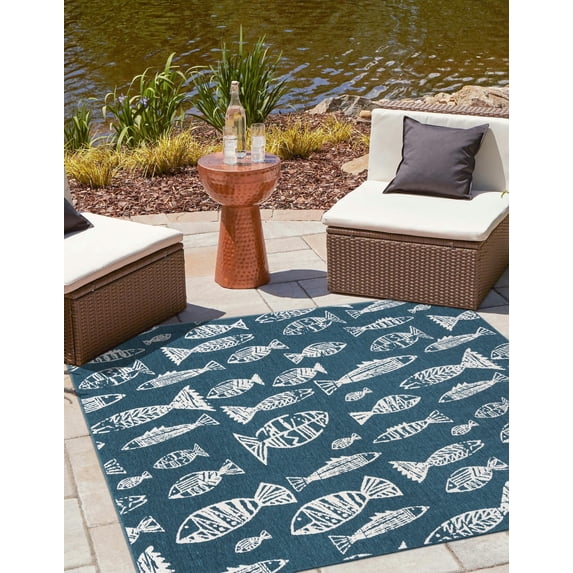 Unique Loom Outdoor Coastal Collection Area Rug - Whish (10' Square Blue/Ivory)