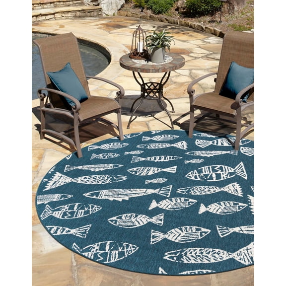 Unique Loom Outdoor Coastal Collection Area Rug - Whish (4' 1" Round Blue/Ivory)