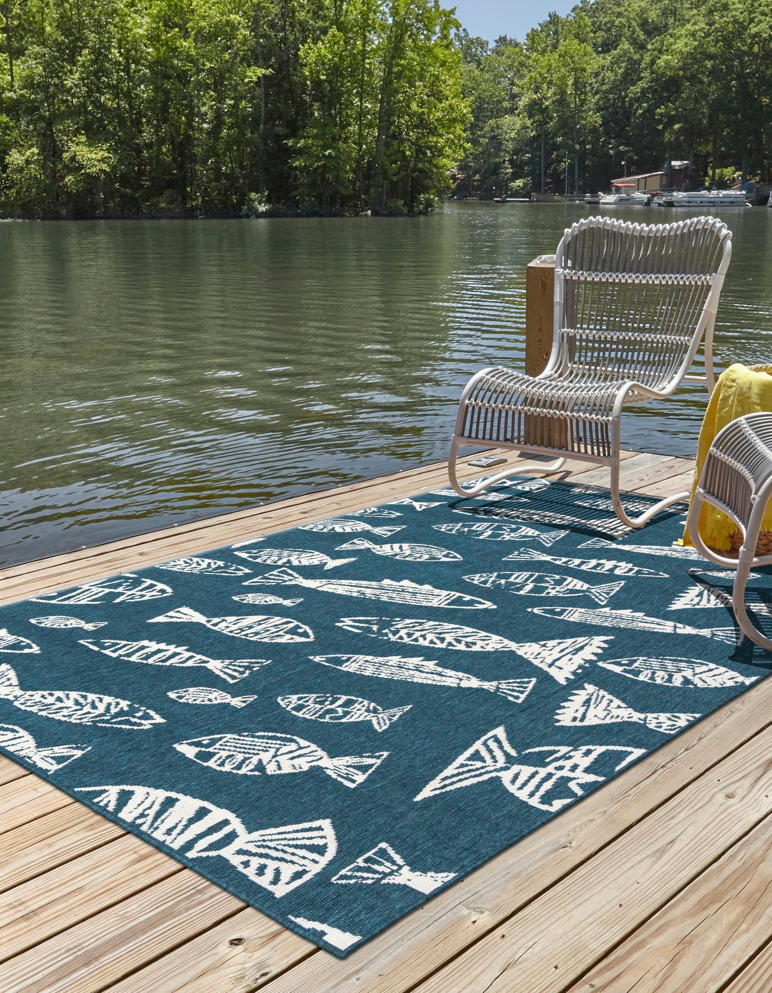 Blue and Ivory Abstract Fish Pattern Outdoor Rug