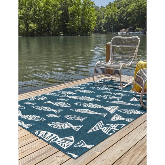 Unique Loom Outdoor Coastal Collection Area Rug - Whish (5' 3" x 8' Rectangle Blue/Ivory)