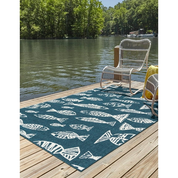 Unique Loom Outdoor Coastal Collection Area Rug - Whish (5' 3" x 8' Rectangle Blue/Ivory)