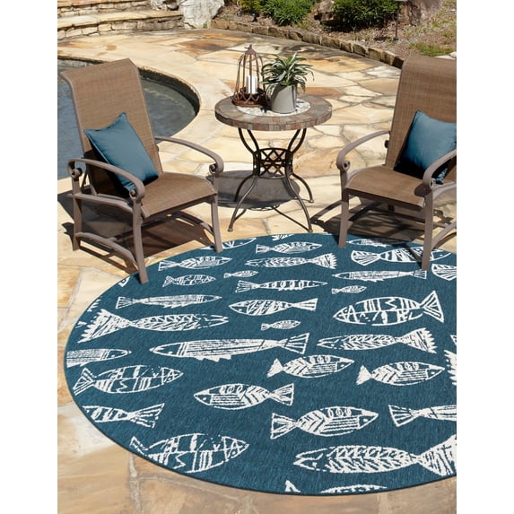Unique Loom Outdoor Coastal Collection Area Rug - Whish (7' 1" Round Blue/Ivory)