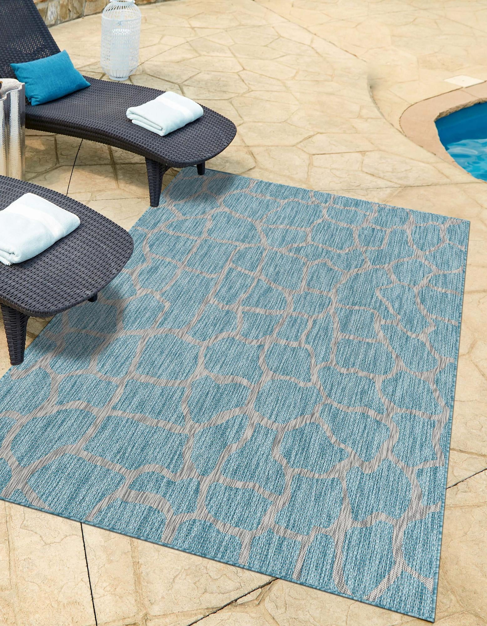 Aqua Blue Abstract Low Pile Indoor/Outdoor Area Rug