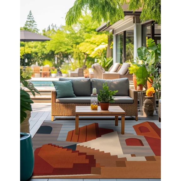 Unique Loom Outdoor Modern Collection Area Rug - Flux (10' Square Multi/Burgundy)