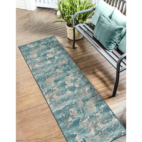 Unique Loom Outdoor Modern Collection Area Rug - Strive (2' 7" x 12' Runner Aqua Blue/Yellow)