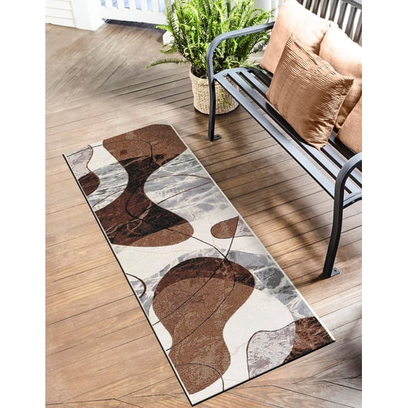 Unique Loom Outdoor Modern Collection Area Rug - Vanta (2' 7" x 12' Runner Brown and White/Ivory)