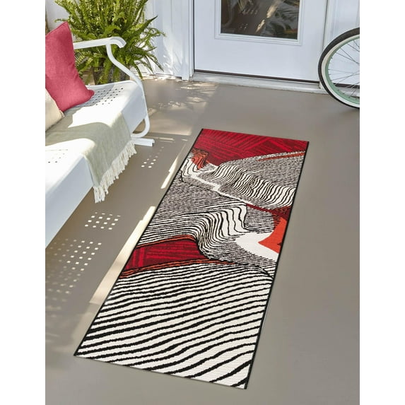 Unique Loom Outdoor Modern Collection Area Rug - Echo (2' 7" x 12' Runner Red and Black/Orange)