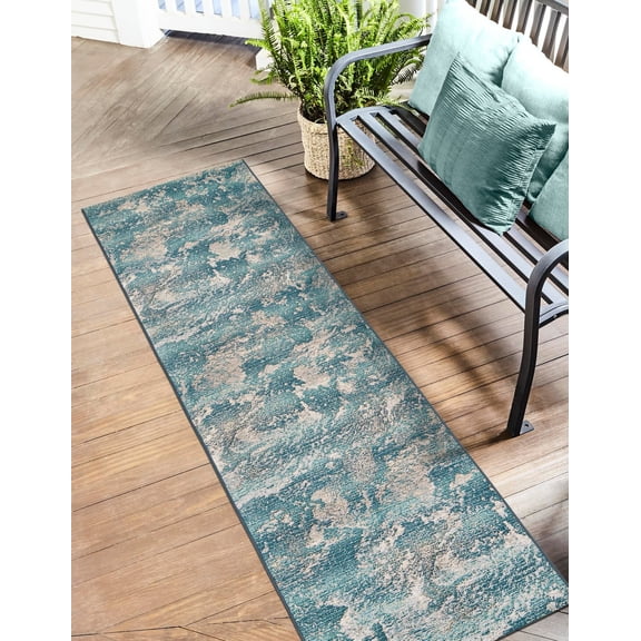Unique Loom Outdoor Modern Collection Area Rug - Strive (2' x 5' 1" Runner Aqua Blue/Yellow)