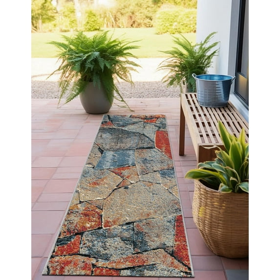 Unique Loom Outdoor Modern Collection Area Rug - Zephyr (2' x 5' 1" Runner Multi/Brown)
