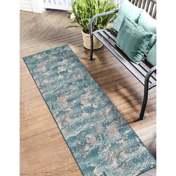 Unique Loom Outdoor Modern Collection Area Rug - Strive (2' x 6' 1" Runner Aqua Blue/Yellow)