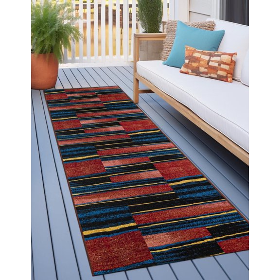 Unique Loom Outdoor Modern Collection Area Rug - Halo (2' x 6' 1" Runner Multi/Black)