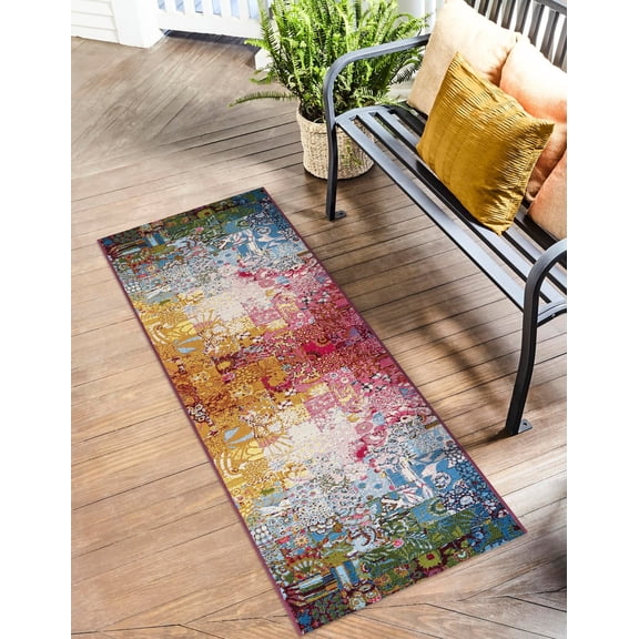 Unique Loom Outdoor Modern Collection Area Rug - Luxe (2' x 6' 1" Runner Multi/Blue)