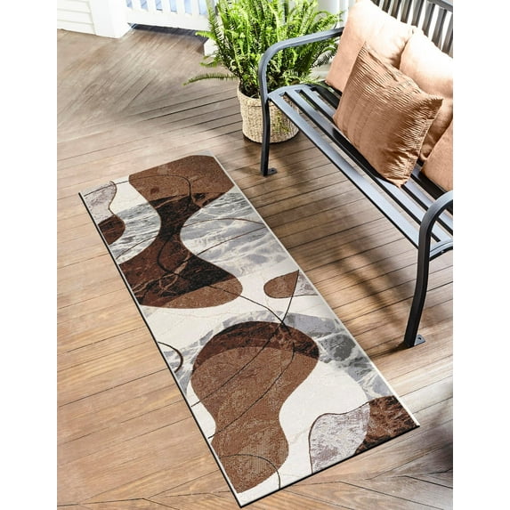 Unique Loom Outdoor Modern Collection Area Rug - Vanta (2' x 8' Runner Brown and White/Ivory)