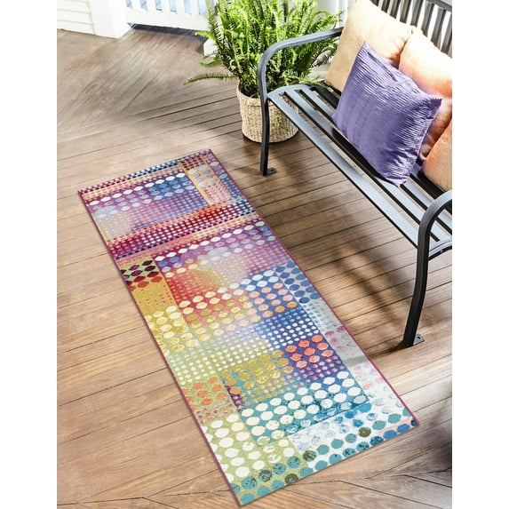 Unique Loom Outdoor Modern Collection Area Rug - Pulse (2' x 8' Runner Multi/Blue)
