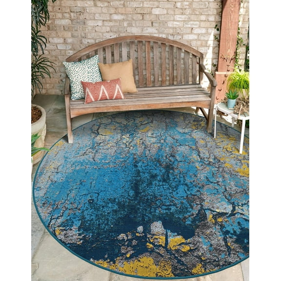 Unique Loom Outdoor Modern Collection Area Rug - Cove (3' 1" Round Gradient Blue/Yellow)