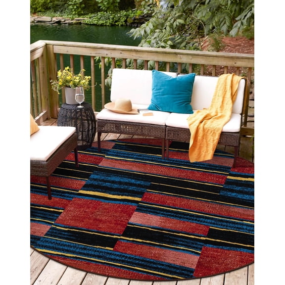 Unique Loom Outdoor Modern Collection Area Rug - Halo (3' 1" Round Multi/Black)