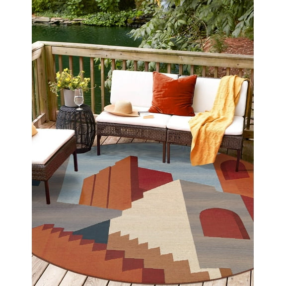 Unique Loom Outdoor Modern Collection Area Rug - Flux (3' 1" Round Multi/Burgundy)