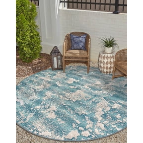 Unique Loom Outdoor Modern Collection Area Rug - Strive (4' 1" Round Aqua Blue/Yellow)