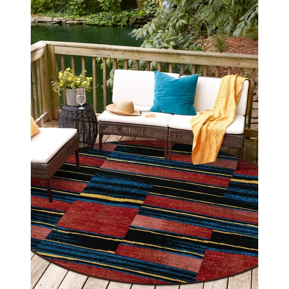 Unique Loom Outdoor Modern Collection Area Rug - Halo (4' 1" Round Multi/Black)