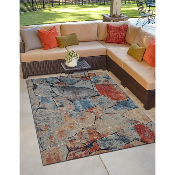 Unique Loom Outdoor Modern Collection Area Rug - Zephyr (4' 1" x 6' 1" Rectangle Multi/Brown)