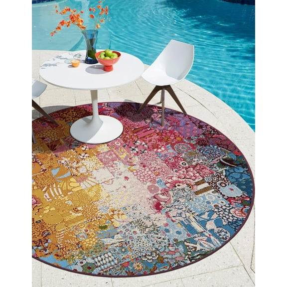 Unique Loom Outdoor Modern Collection Area Rug - Luxe (5' 1" Round Multi/Blue)